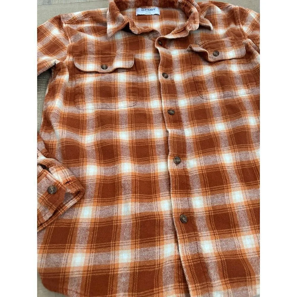 Old Navy XL 14-16 Orange & White Plaid Button-Up Flannel Shirt